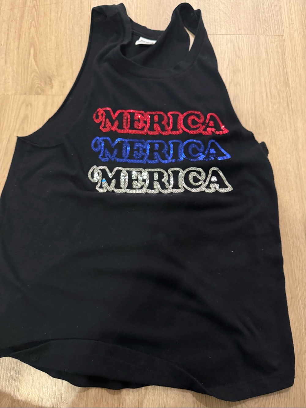 PINK Victoria's Secret Black Tank with Red, Blue & Silver Glitter size small